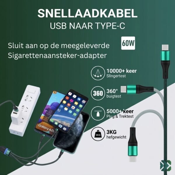 60W Gevlochten USB-A naar USB-C Snellaadkabel