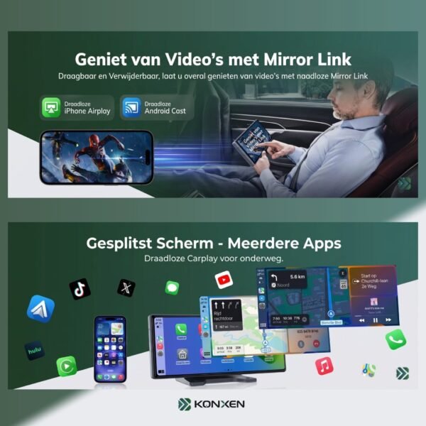 Konxen Draadloos CarPlay & Android Touchscreen met Split-Screen